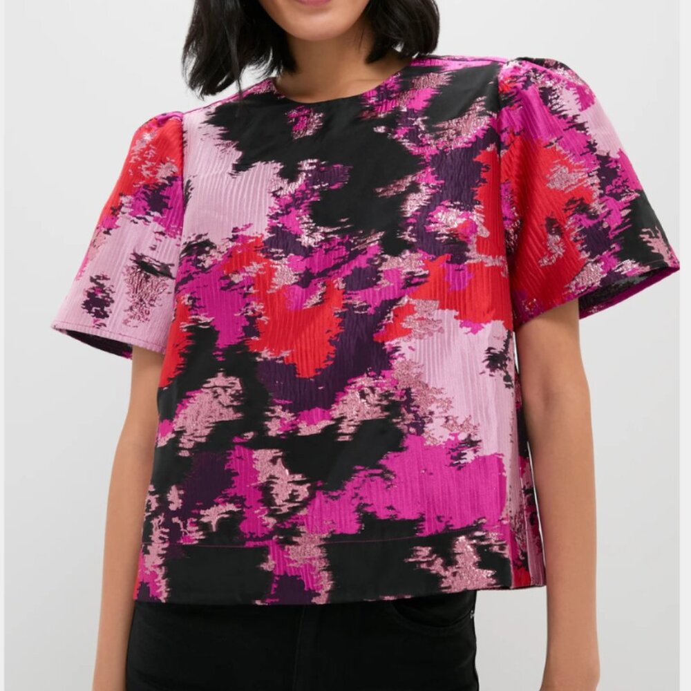 Tuckernuck Pink and Red Lurex Abstract Jacquard Lyla Blouse Pomander Place NWT